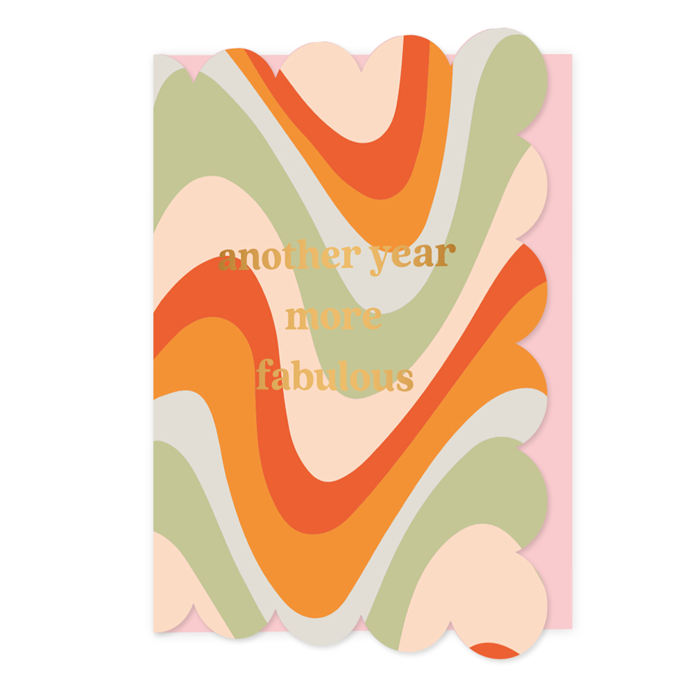 Another year more fabulous - Formaat: Normaal - Vorm: Staand - Verjaardagskaart - Op deze wenskaart staan lijnen in de kleuren beige, oranje, rood, blauw en groen, met in het midden de tekst: "Another year more fabulous". - Snelwenskaart