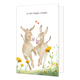 To the happy couple - Formaat: Standaard - Vorm: Staand - Huwelijkskaart - Op deze wenskaart staan twee dansende ezels. Tussen de ezels staan twee kleine rode hartjes. Midden bovenin staat in het zwart de tekst 'To the happy couple'. - Snelwenskaart