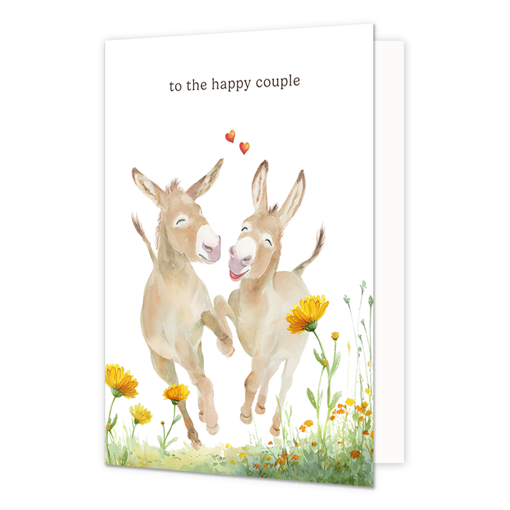 Op deze wenskaart staan twee dansende ezels. Tussen de ezels staan twee kleine rode hartjes. Midden bovenin staat in het zwart de tekst 'To the happy couple'.