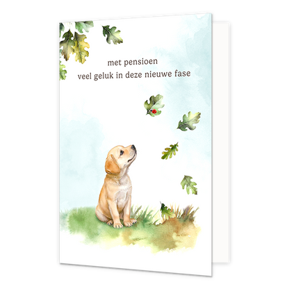 Op deze wenskaart staat een puppy die naar vallende bladeren kijkt. Boven de puppy staat in het zwart de tekst 'met pensioen veel geluk in deze nieuwe fase'.