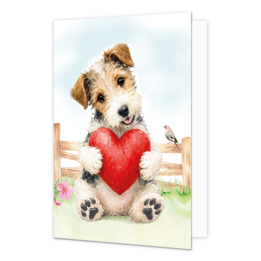 Hond met rood hart - Formaat: Standaard - Vorm: Staand - Liefdeskaart - Op deze wenskaart staat een aquarelillustratie van een schattige, ruwharige puppy die met zijn voorpoten een groot, rood hart vasthoudt. De hond zit voor een houten hek in een grasveld met bloemen, waarbij een klein vogeltje op het hek naast hem rust. De puppy kijkt met een zachte, vrolijke uitdrukking omhoog tegen een lichte achtergrond. - Snelwenskaart