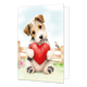 Hond met rood hart - Formaat: Standaard - Vorm: Staand - Liefdeskaart - Op deze wenskaart staat een aquarelillustratie van een schattige, ruwharige puppy die met zijn voorpoten een groot, rood hart vasthoudt. De hond zit voor een houten hek in een grasveld met bloemen, waarbij een klein vogeltje op het hek naast hem rust. De puppy kijkt met een zachte, vrolijke uitdrukking omhoog tegen een lichte achtergrond. - Snelwenskaart