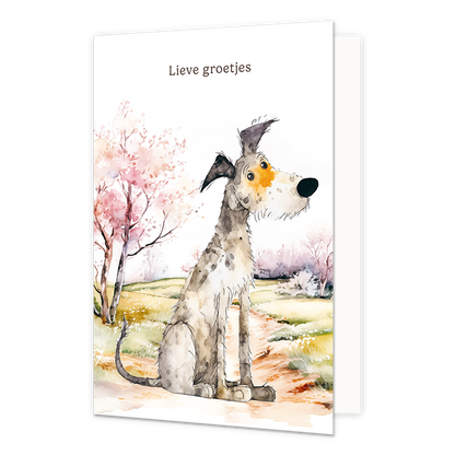 Lieve groetjes - Formaat: Standaard - Vorm: Staand - Denken aan kaart - Op deze wenskaart staat een hond die op een pad zit met daarboven de tekst: "Lieve groetjes". - Snelwenskaart