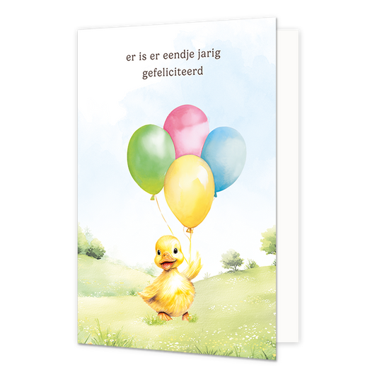 Er is er eendje jarig gefeliciteerd - Formaat: Normaal - Vorm: Staand - Verjaardagskaart - Op deze wenskaart staat en geel eendje met vier grote gekleurde ballonnen. Boven de ballonnen staat in het zwart de tekst 'er is er eendje jarig'. - Snelwenskaart