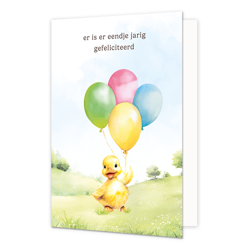 Op deze wenskaart staat en geel eendje met vier grote gekleurde ballonnen. Boven de ballonnen staat in het zwart de tekst 'er is er eendje jarig'.
