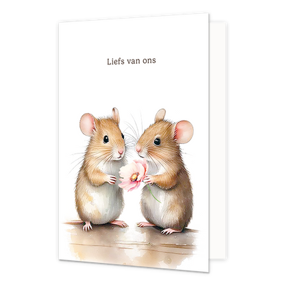 Liefs van ons - Formaat: Normaal - Vorm: Staand - Vriendschapskaart - Op deze wenskaart staan twee muisjes waarvan er één een roze bloem vast heeft. Daarboven staat de tekst: "Liefs van ons". - Snelwenskaart