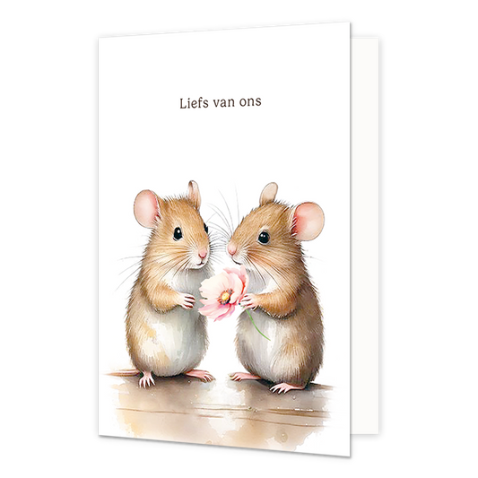 Liefs van ons - Formaat: Normaal - Vorm: Staand - Vriendschapskaart - Op deze wenskaart staan twee muisjes waarvan er één een roze bloem vast heeft. Daarboven staat de tekst: "Liefs van ons". - Snelwenskaart