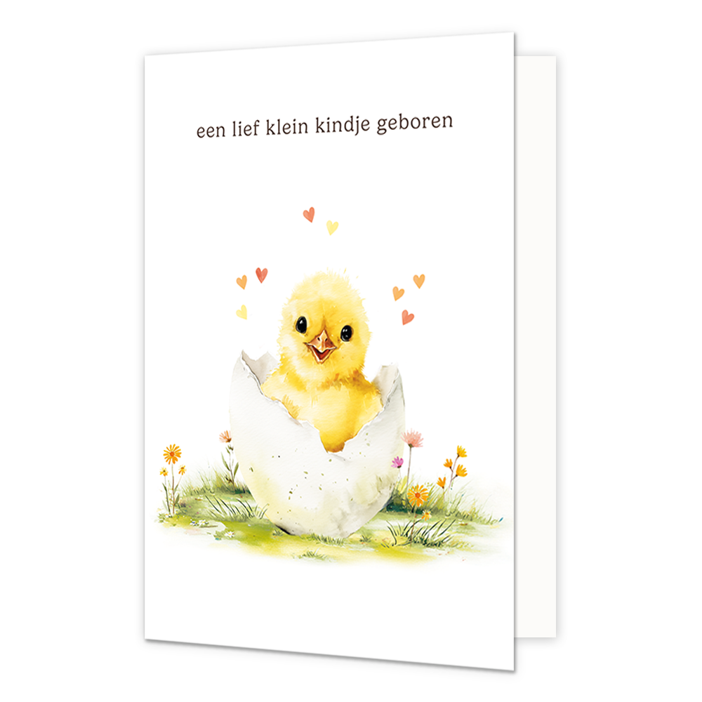 Een lief klein kindje geboren - Formaat: Standaard - Vorm: Staand - Geboortekaart - Op deze wenskaart staat een illustratie van een pasgeboren, geel kuikentje dat uit een gebarsten ei komt. Het kuikentje staat in het gras tussen kleine bloemetjes, omringd door enkele zwevende hartjes. Bovenaan de afbeelding staat in kleine, donkere letters de tekst "een lief klein kindje geboren". - Snelwenskaart