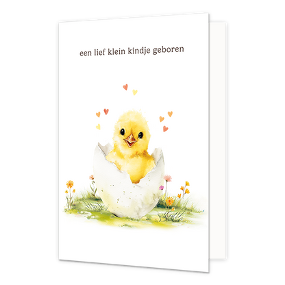 Een lief klein kindje geboren - Formaat: Standaard - Vorm: Staand - Geboortekaart - Op deze wenskaart staat een illustratie van een pasgeboren, geel kuikentje dat uit een gebarsten ei komt. Het kuikentje staat in het gras tussen kleine bloemetjes, omringd door enkele zwevende hartjes. Bovenaan de afbeelding staat in kleine, donkere letters de tekst "een lief klein kindje geboren". - Snelwenskaart