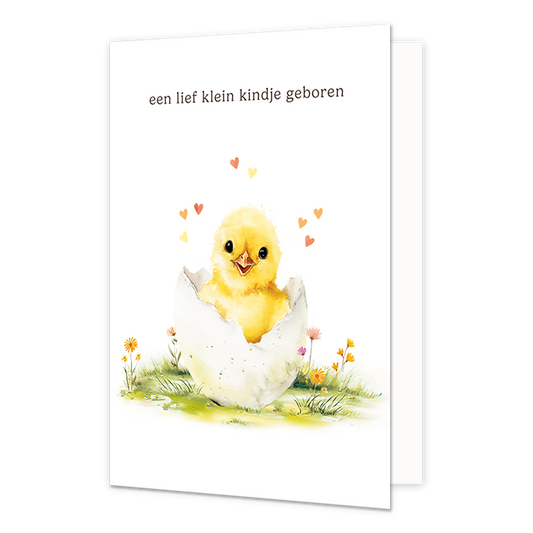 Een lief klein kindje geboren - Formaat: Standaard - Vorm: Staand - Geboortekaart - Op deze wenskaart staat een illustratie van een pasgeboren, geel kuikentje dat uit een gebarsten ei komt. Het kuikentje staat in het gras tussen kleine bloemetjes, omringd door enkele zwevende hartjes. Bovenaan de afbeelding staat in kleine, donkere letters de tekst "een lief klein kindje geboren". - Snelwenskaart