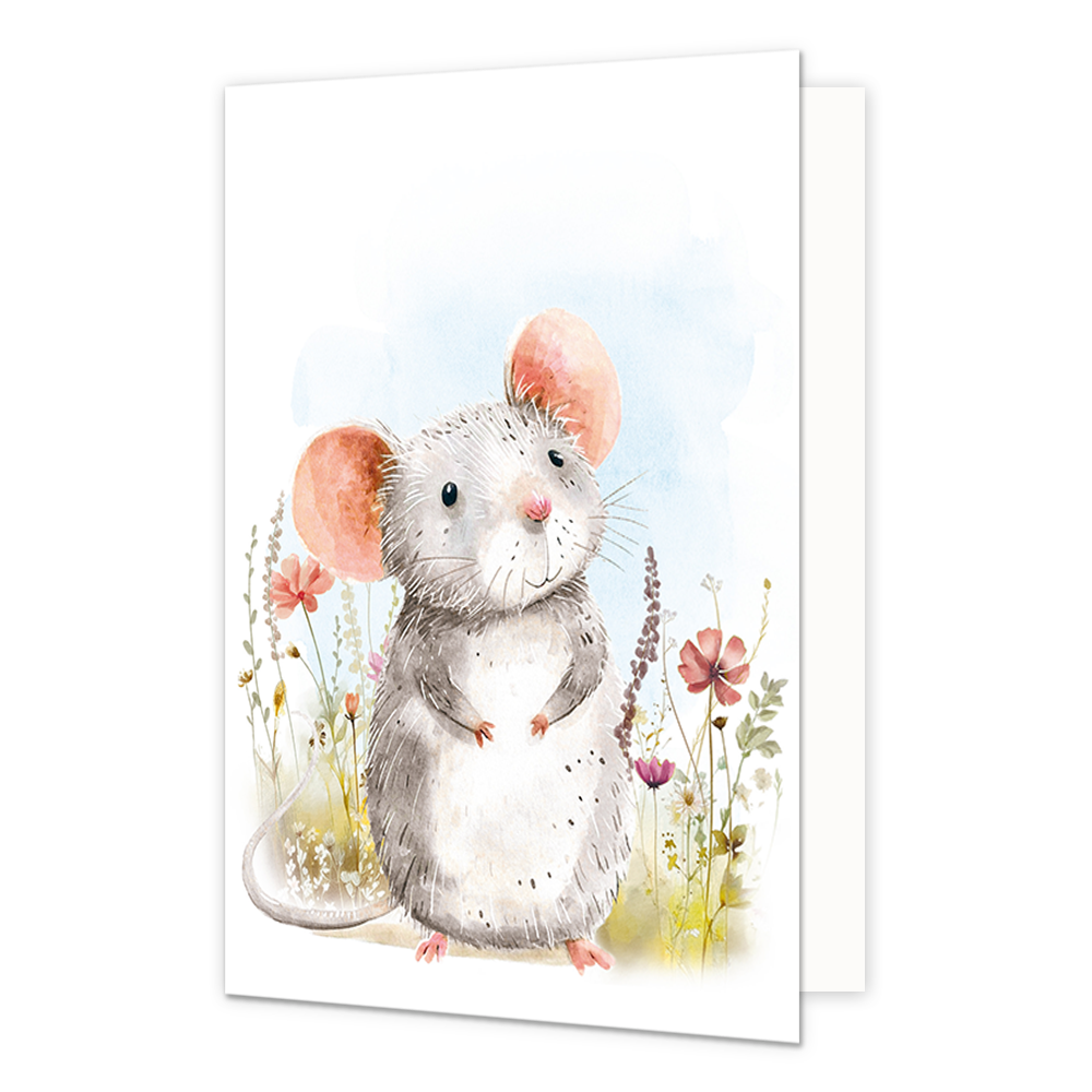 Schattig muisje - Formaat: Standaard - Vorm: Staand - Blanco kaart - Op deze wenskaart staat een grijs muisje tussen bloemen. - Snelwenskaart