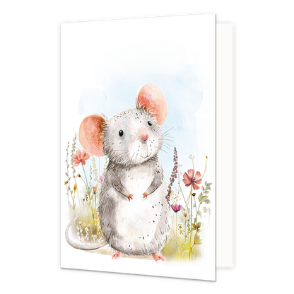 Schattig muisje - Formaat: Standaard - Vorm: Staand - Blanco kaart - Op deze wenskaart staat een grijs muisje tussen bloemen. - Snelwenskaart