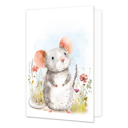 Schattig muisje - Formaat: Normaal - Vorm: Staand - Blanco kaart - Op deze wenskaart staat een grijs muisje tussen bloemen. - Snelwenskaart