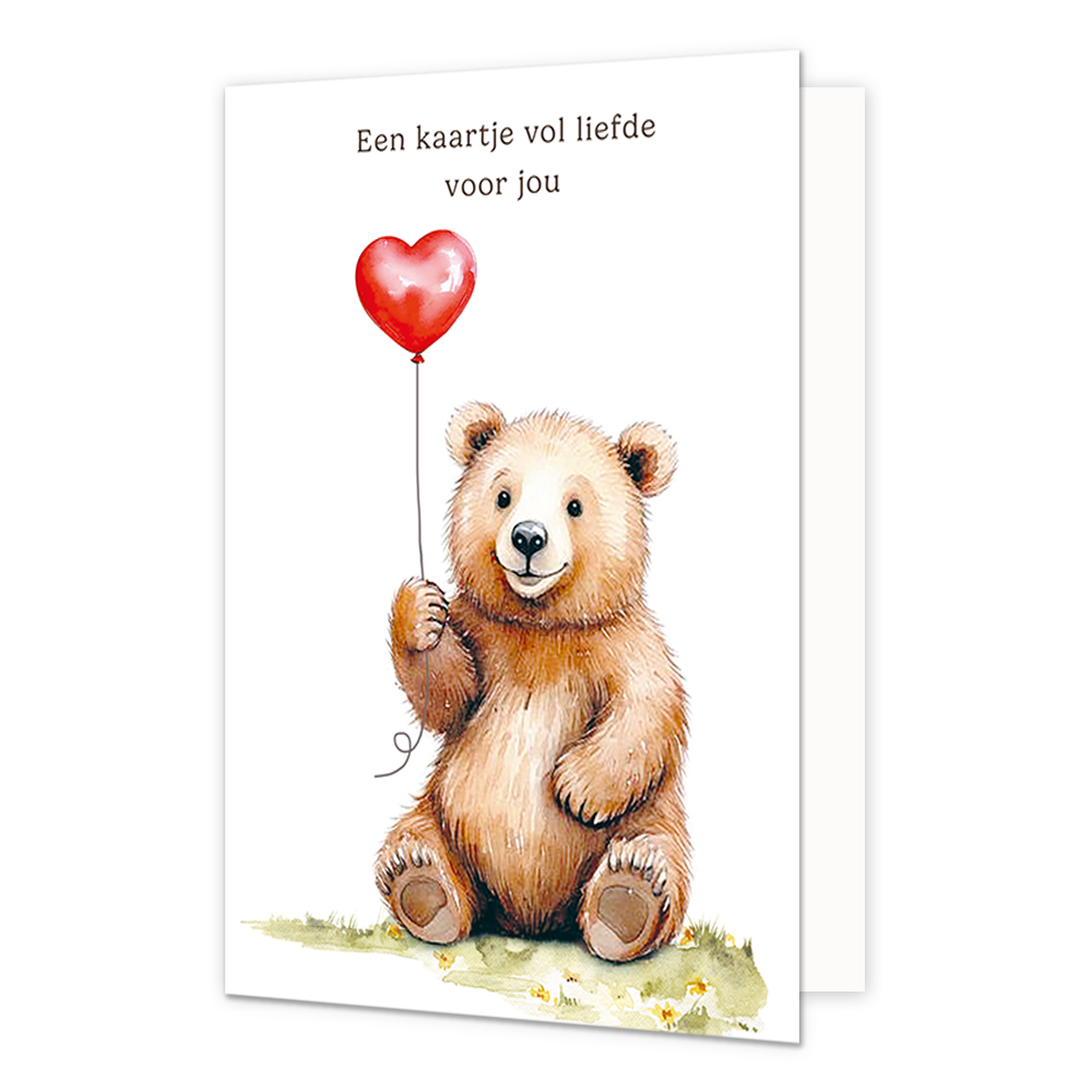 Een kaartje vol liefde voor jou - Formaat: Normaal - Vorm: Staand - Liefdeskaart - Op deze wenskaart staat een beer die een hartjesballon vast houdt met daarboven de tekst: "Een kaartje vol liefde voor jou". - Snelwenskaart
