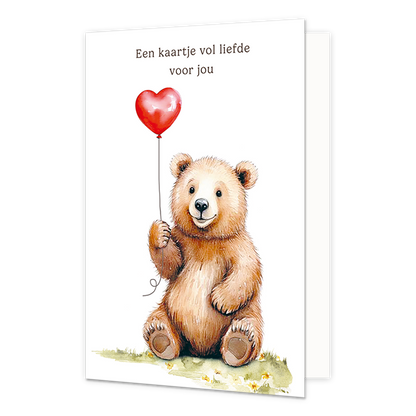 Een kaartje vol liefde voor jou - Formaat: Normaal - Vorm: Staand - Liefdeskaart - Op deze wenskaart staat een beer die een hartjesballon vast houdt met daarboven de tekst: "Een kaartje vol liefde voor jou". - Snelwenskaart