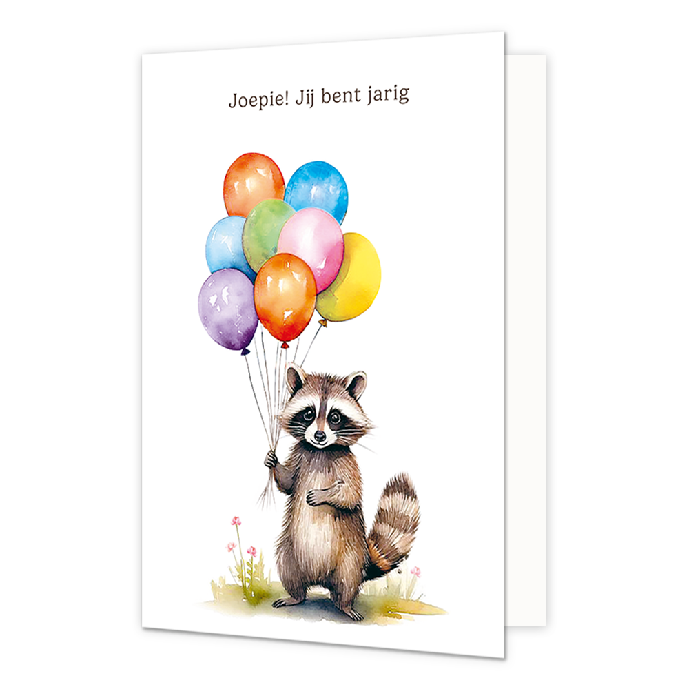 Joepie jij bent jarig - Formaat: Normaal - Vorm: Staand - Verjaardagskaart - Op deze wenskaart staat een wasbeer die een bos ballonnen vast houdt met daarboven de tekst: "Joepie! Jij bent jarig". - Snelwenskaart