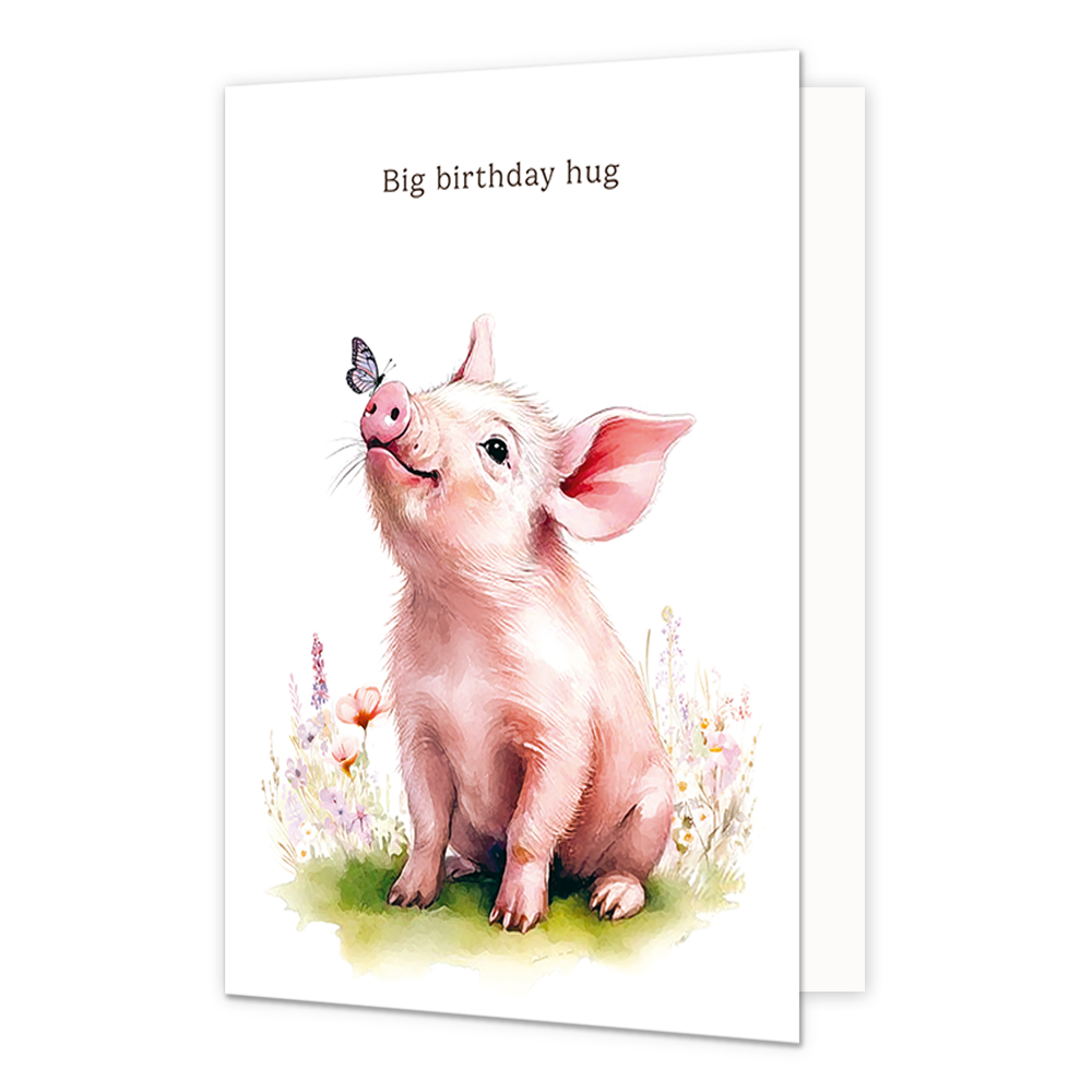 Big birthday hug - Formaat: Normaal - Vorm: Staand - Verjaardagskaart - Op deze wenskaart staat een varkentje met een vlinder op zijn nieuw en daarboven de tekst: "Big birthday hug". - Snelwenskaart