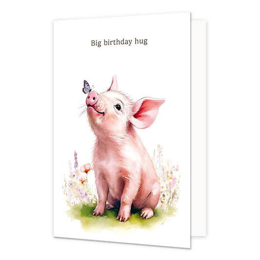 Big birthday hug - Formaat: Normaal - Vorm: Staand - Verjaardagskaart - Op deze wenskaart staat een varkentje met een vlinder op zijn nieuw en daarboven de tekst: "Big birthday hug". - Snelwenskaart