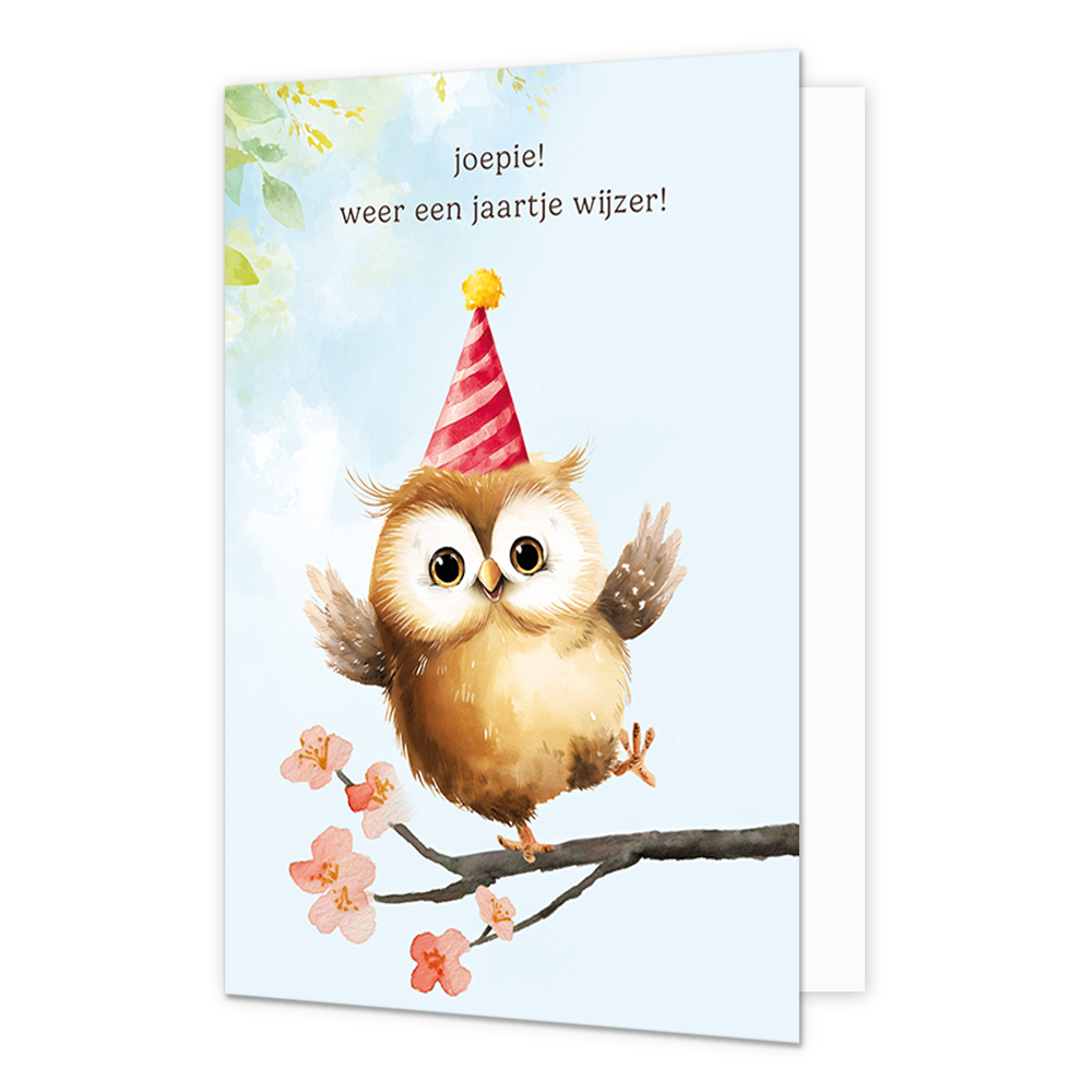 Joepie! Weer een jaartje wijzer! - Formaat: Standaard - Vorm: Staand - Verjaardagskaart - Op deze wenskaart staat een illustratie van een vrolijk uiltje dat op een tak met bloesem danst en een rood-wit gestreept feesthoedje met een geel pomponnetje draagt. Bovenaan de kaart staat in donkere letters de tekst "joepie! weer een jaartje wijzer!". De achtergrond is lichtblauw en bevat in de hoek subtiele, groene bladeren. - Snelwenskaart