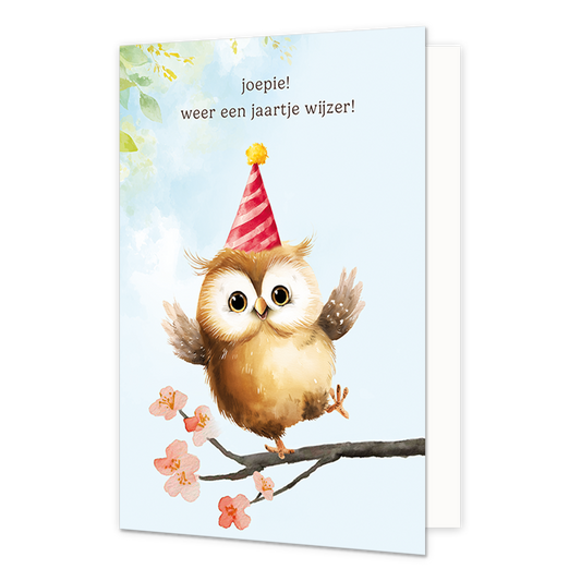 Joepie! Weer een jaartje wijzer! - Formaat: Standaard - Vorm: Staand - Verjaardagskaart - Op deze wenskaart staat een illustratie van een vrolijk uiltje dat op een tak met bloesem danst en een rood-wit gestreept feesthoedje met een geel pomponnetje draagt. Bovenaan de kaart staat in donkere letters de tekst "joepie! weer een jaartje wijzer!". De achtergrond is lichtblauw en bevat in de hoek subtiele, groene bladeren. - Snelwenskaart