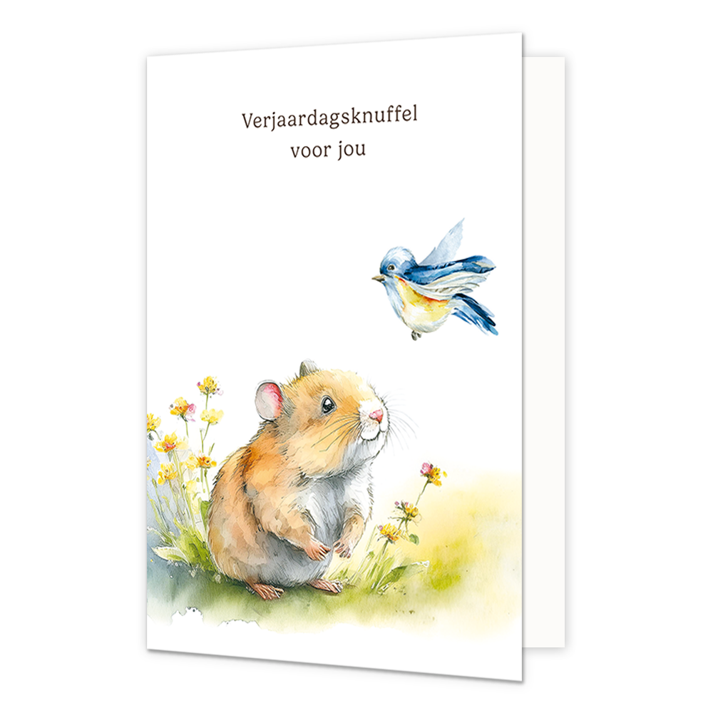 Verjaardagsknuffel voor jou - Formaat: Normaal - Vorm: Staand - Verjaardagskaart - Op deze wenskaart staan een hamster en een vogel met daarboven de tekst: "Verjaardagsknuffel voor jou". - Snelwenskaart