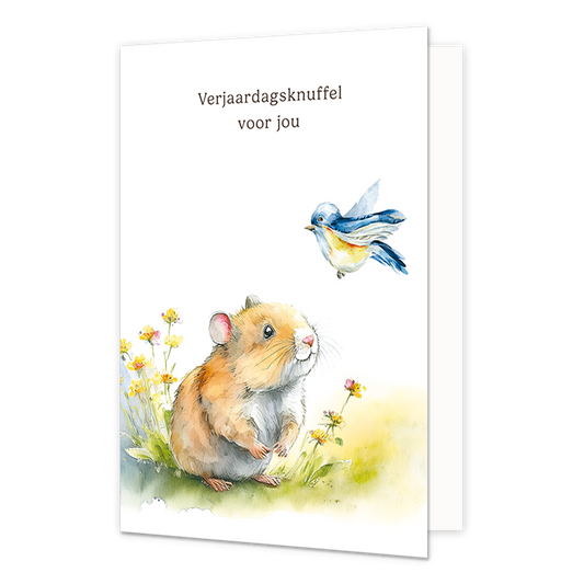 Verjaardagsknuffel voor jou - Formaat: Normaal - Vorm: Staand - Verjaardagskaart - Op deze wenskaart staan een hamster en een vogel met daarboven de tekst: "Verjaardagsknuffel voor jou". - Snelwenskaart