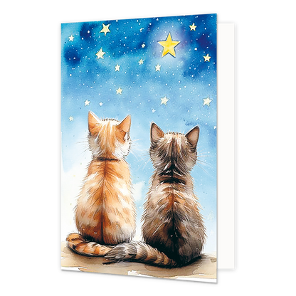Poezen katten en sterren - Formaat: Normaal - Vorm: Staand - Blanco kaart - Op deze wenskaart staan twee katten die naar de sterren kijken. - Snelwenskaart