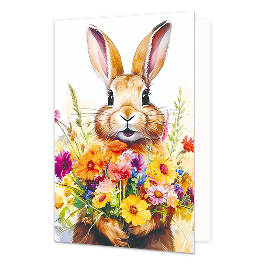 Gefeliciteerd van ons - Formaat: Normaal - Vorm: Staand - Felicitatiekaart - Op deze wenskaart staan drie giraffen. Alle drie de giraffen hebben een bloem in de mond. De twee grote giraffen dragen ook een gekleurde bril. Boven de giraffen staat in het zwart de tekst 'gefeliciteerd van ons'. - Snelwenskaart
