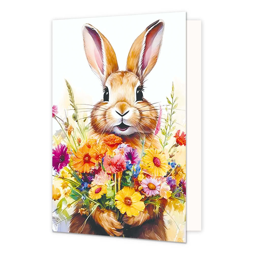 Op deze wenskaart staan drie giraffen. Alle drie de giraffen hebben een bloem in de mond. De twee grote giraffen dragen ook een gekleurde bril. Boven de giraffen staat in het zwart de tekst 'gefeliciteerd van ons'.