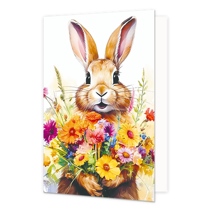 Op deze wenskaart staan drie giraffen. Alle drie de giraffen hebben een bloem in de mond. De twee grote giraffen dragen ook een gekleurde bril. Boven de giraffen staat in het zwart de tekst 'gefeliciteerd van ons'.