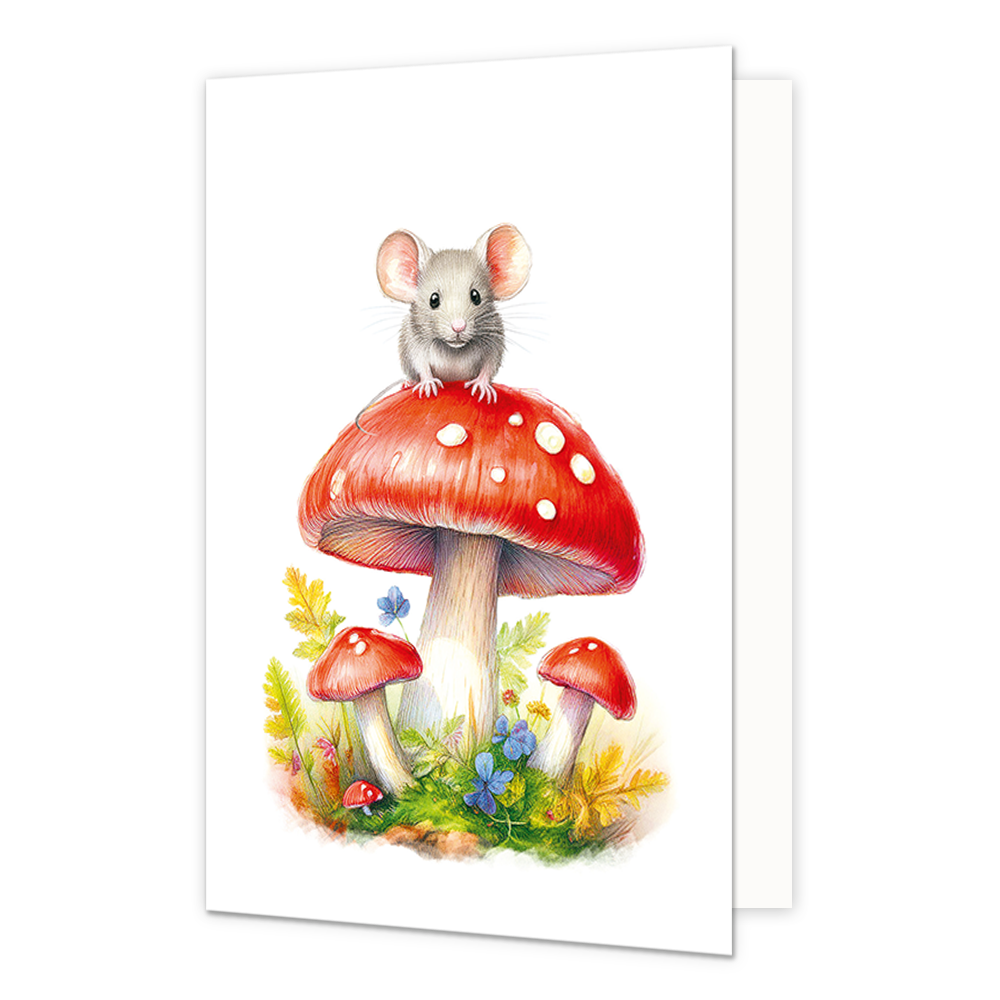 Muis op paddenstoel - Formaat: Normaal - Vorm: Staand - Blanco kaart - Op deze wenskaart staan paddenstoelen waar een muisje bovenop zit. - Snelwenskaart