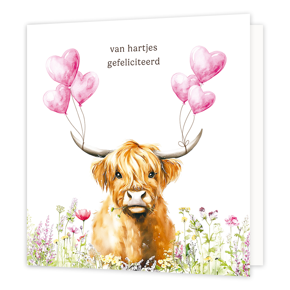 Van hartjes gefeliciteerd - Formaat: Groot - Vorm: Vierkant - Felicitatiekaart - Op deze wenskaart staat een Schotse Hooglander afgebeeld op een witte achtergrond, omringd door een veld met kleurrijke bloemen onderaan. De koe heeft een madeliefje in haar bek en draagt aan beide hoorns trosjes roze, hartvormige ballonnen. Bovenaan de afbeelding staat in bruine letters de tekst van hartjes gefeliciteerd. - Snelwenskaart