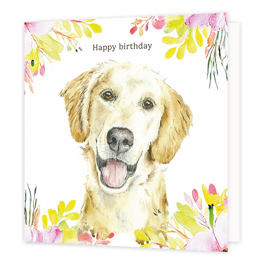Happy birthday - Formaat: Normaal - Vorm: Vierkant - Felicitatiekaart - Op deze wenskaart staat een hond met daarboven de tekst: "Happy birthday". - Snelwenskaart