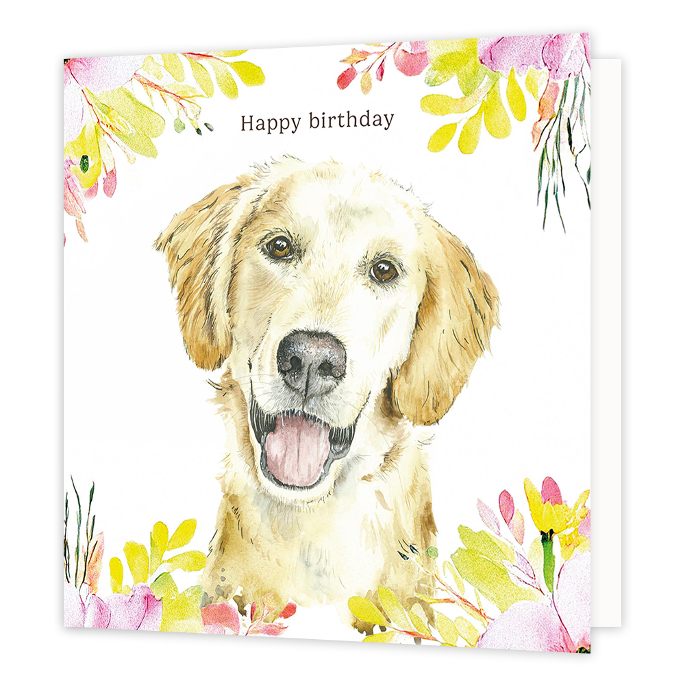 Op deze wenskaart staat een hond met daarboven de tekst: "Happy birthday". 
