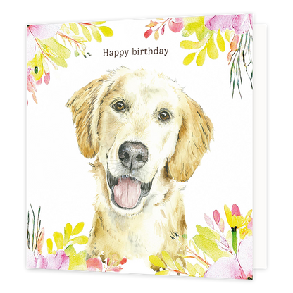 Op deze wenskaart staat een hond met daarboven de tekst: "Happy birthday". 