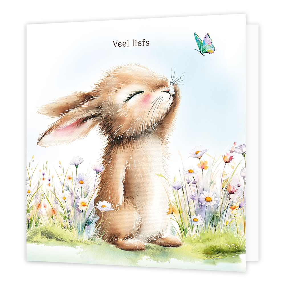 Veel liefs - Formaat: Standaard - Vorm: Vierkant - Liefdeskaart - Op deze wenskaart staat een illustratie van een bruin konijntje dat met gesloten oogjes en een tevreden uitdrukking in een veld vol bloemen staat. Het konijntje kijkt naar een kleurrijke vlinder die boven hem vliegt. Boven het konijntje staat in donkere letters de tekst "Veel liefs" geschreven. De gehele afbeelding is uitgevoerd in een zachte aquarelstijl tegen een lichte achtergrond. - Snelwenskaart