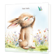 Op deze wenskaart staat een illustratie van een bruin konijntje dat met gesloten oogjes en een tevreden uitdrukking in een veld vol bloemen staat. Het konijntje kijkt naar een kleurrijke vlinder die boven hem vliegt. Boven het konijntje staat in donkere letters de tekst "Veel liefs" geschreven. De gehele afbeelding is uitgevoerd in een zachte aquarelstijl tegen een lichte achtergrond.