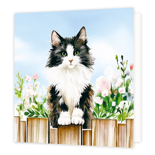 Kat op de schutting - Formaat: Groot - Vorm: Vierkant - Blanco kaart - Op deze wenskaart staat een langharige zwart-witte kat afgebeeld die op een houten schutting zit, omringd door bloemen en groen tegen een blauwe lucht. - Snelwenskaart