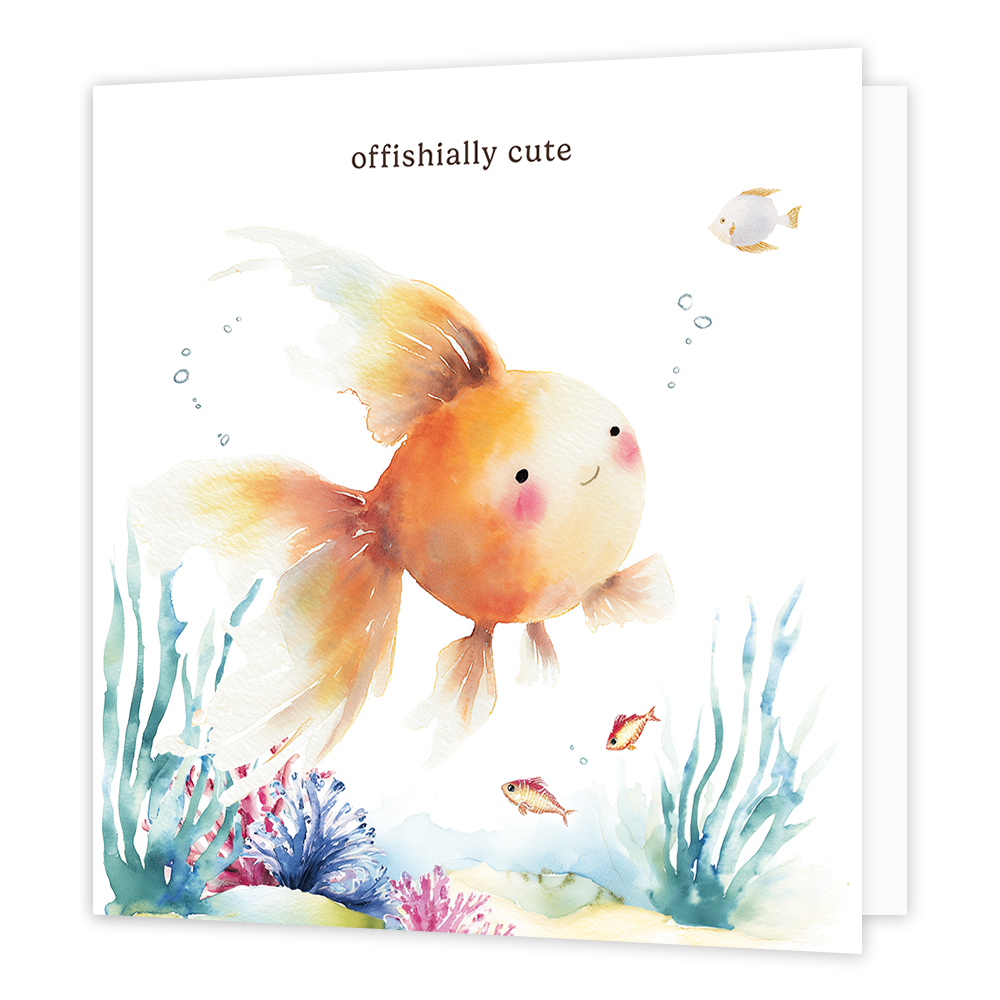 Op deze wenskaart staat een oranje goudvis met daarboven in het zwart de tekst 'Offishially cute'.