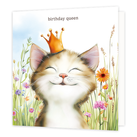 Birthday queen - Formaat: Groot - Vorm: Vierkant - Verjaardagskaart - Op deze wenskaart staat een kat met een gouden kroontje. Boven de kat staat in het zwart de tekst 'Birthday queen'. - Snelwenskaart