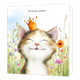 Birthday queen - Formaat: Groot - Vorm: Vierkant - Verjaardagskaart - Op deze wenskaart staat een kat met een gouden kroontje. Boven de kat staat in het zwart de tekst 'Birthday queen'. - Snelwenskaart