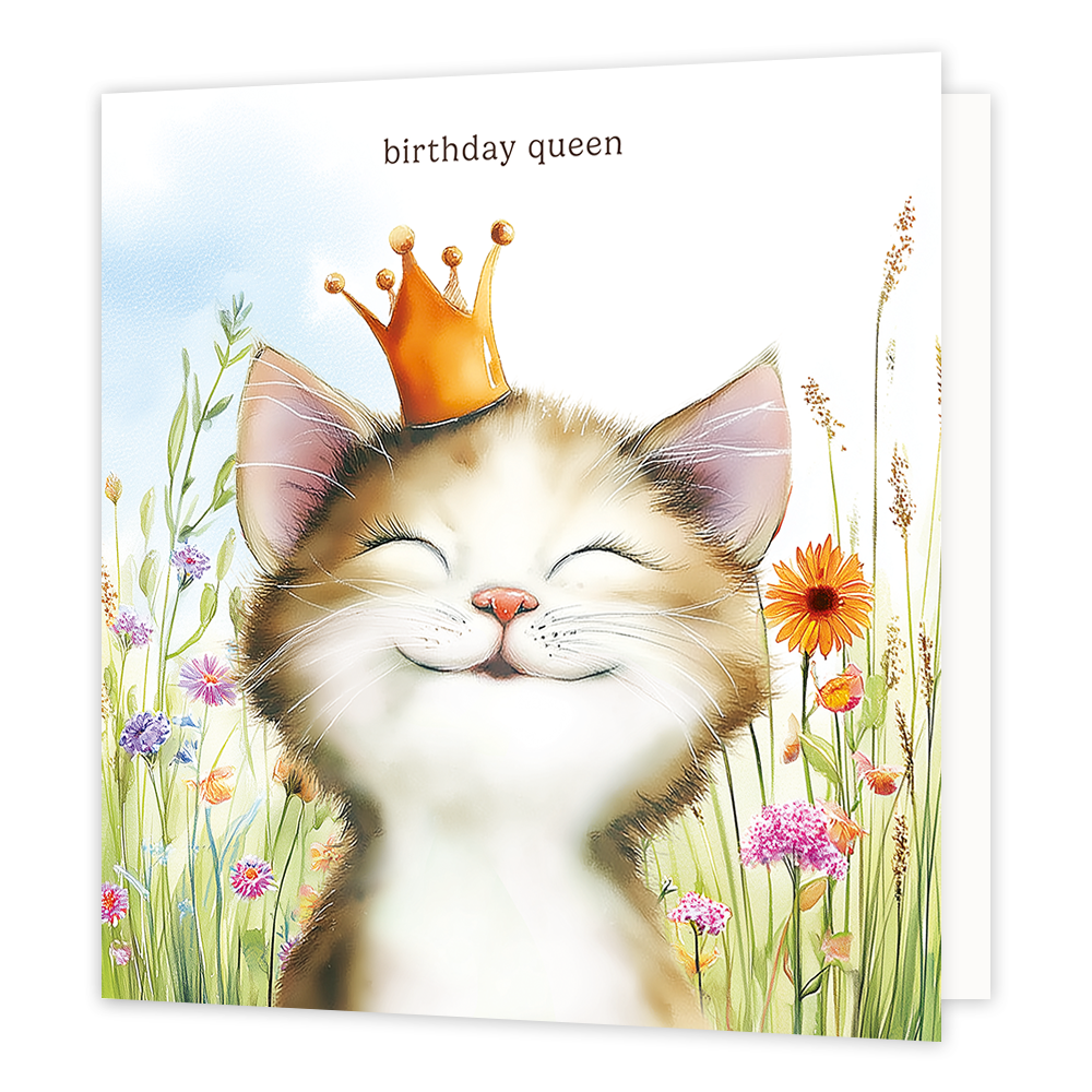 Op deze wenskaart staat een kat met een gouden kroontje. Boven de kat staat in het zwart de tekst 'Birthday queen'.