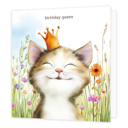 Op deze wenskaart staat een kat met een gouden kroontje. Boven de kat staat in het zwart de tekst 'Birthday queen'.