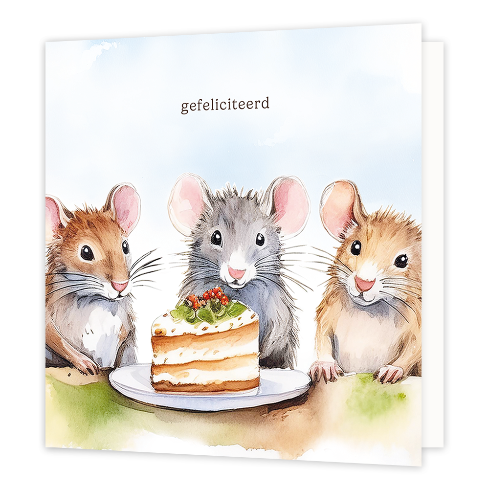 Op deze wenskaart staan drie muizen om een stukje taart heen. Boven de muizen staat in het zwart de tekst 'gefeliciteerd'.