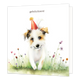 Gefeliciteerd - Formaat: Groot - Vorm: Vierkant - Felicitatiekaart - Op deze wenskaart staat een kleine hond met een rode feesthoed. Boven de hond staat in het zwart de tekst 'gefeliciteerd'. - Snelwenskaart