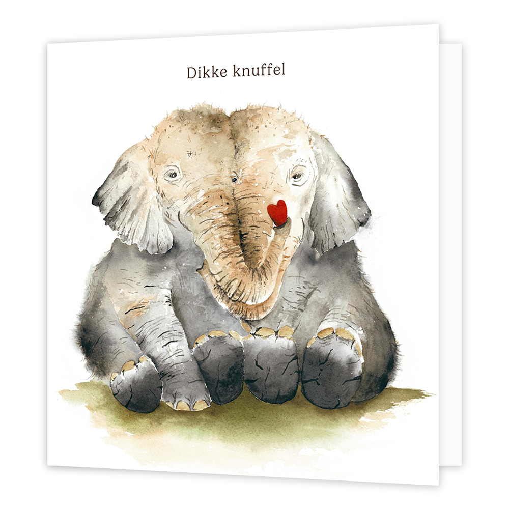 Op deze wenskaart staan twee olifanten met daarboven de tekst: "Dikke knuffel".