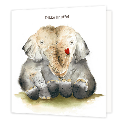 Op deze wenskaart staan twee olifanten met daarboven de tekst: "Dikke knuffel".