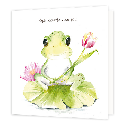 Op deze wenskaart staat een kikker met daarboven de tekst: "Opkikkertje voor jou". 