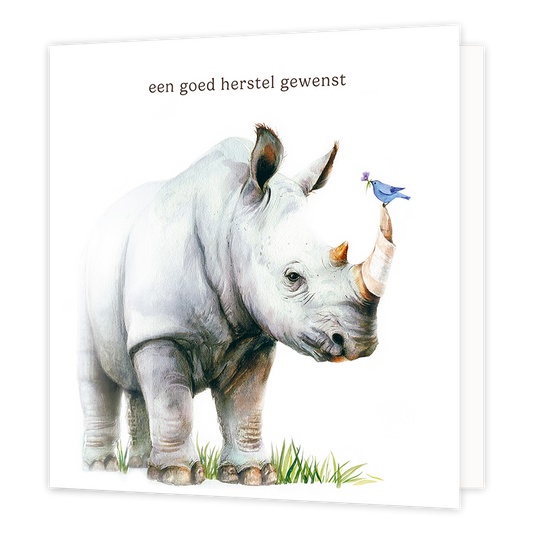 Een goed herstel gewenst - Formaat: Groot - Vorm: Vierkant - Beterschapskaart - Op deze wenskaart staat een neushoorn afgebeeld in een aquarel-stijl op een witte achtergrond, met wat plukjes gras onder zijn poten. De neushoorn heeft een pleister of verband om zijn hoorn gewikkeld, waarop een klein blauw vogeltje zit dat een paars bloemetje vasthoudt. Bovenaan de afbeelding staat in bruine letters de tekst een goed herstel gewenst. - Snelwenskaart