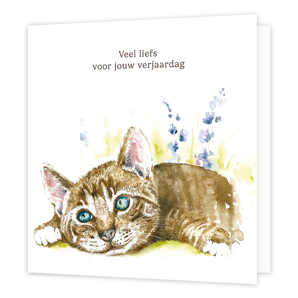 Op deze wenskaart staat een kat met daarboven de tekst: "Veel liefs voor jouw verjaardag". 